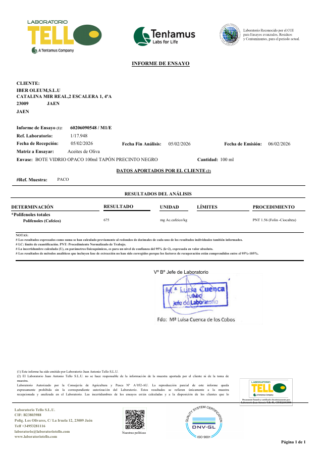 First page of Laboratorio Tello S.L.U. (a Tentamus company) report 60206090548 / M1/E