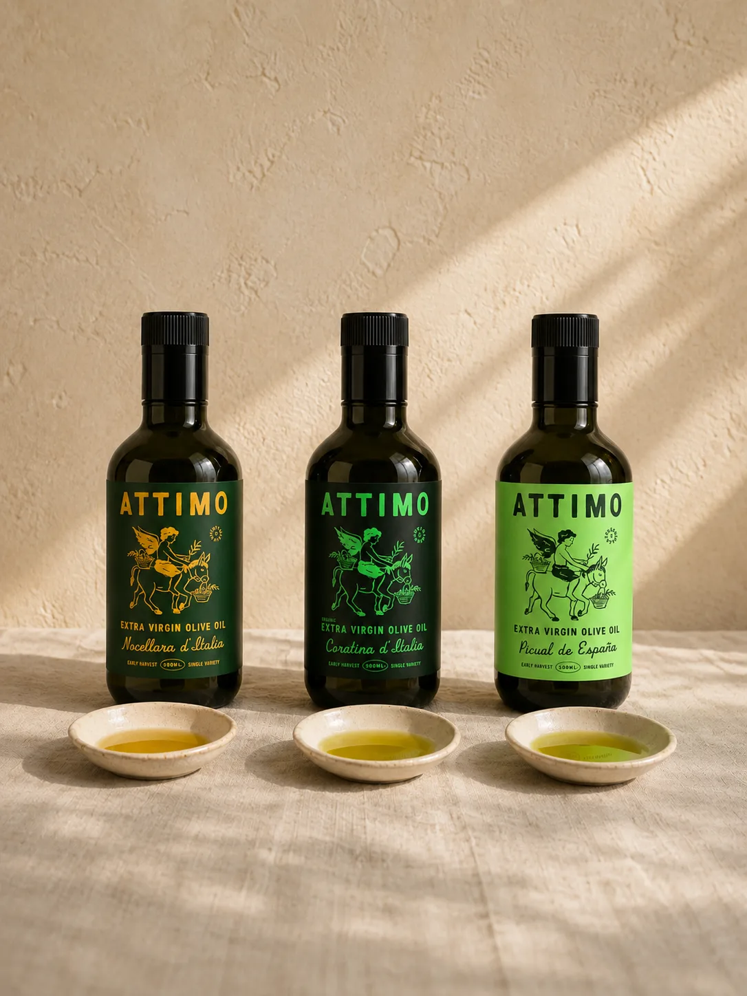 The three ATTIMO single-variety olive oils: Coratina, Picual and Nocellara